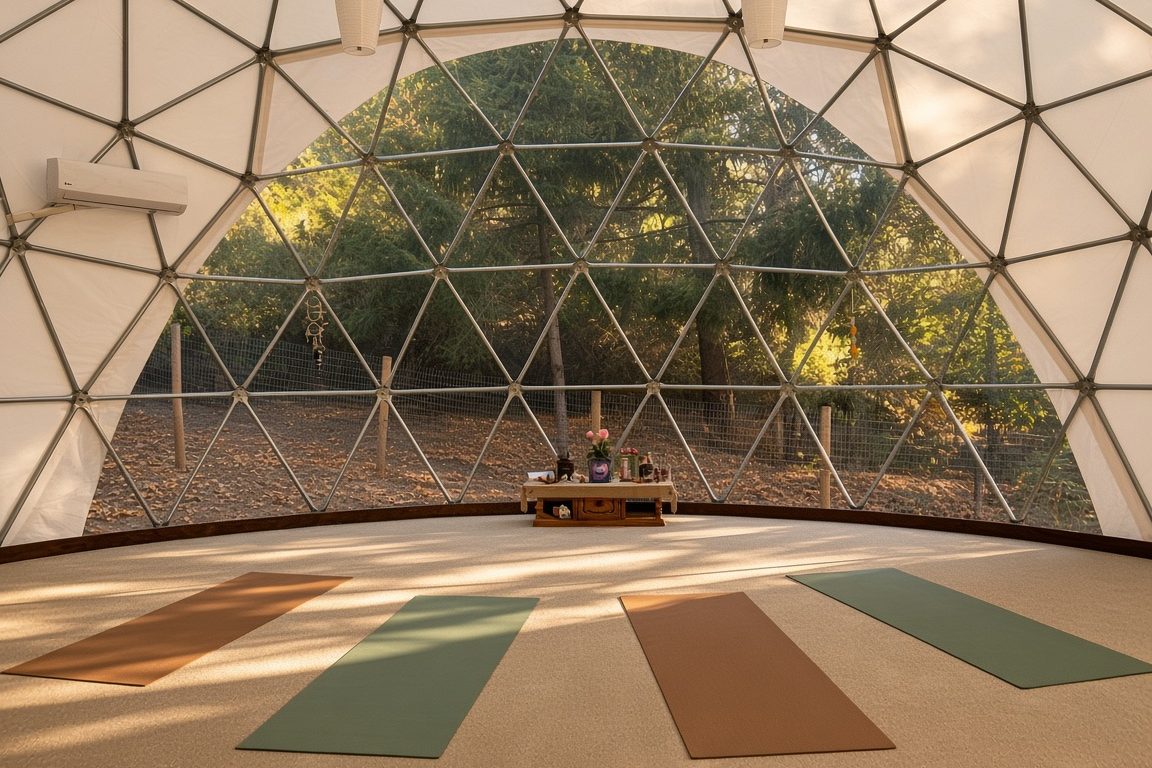 Inside the dome: four yoga mats on a pale floor, facing a wide window wall that opens onto oak woods in soft morning light.