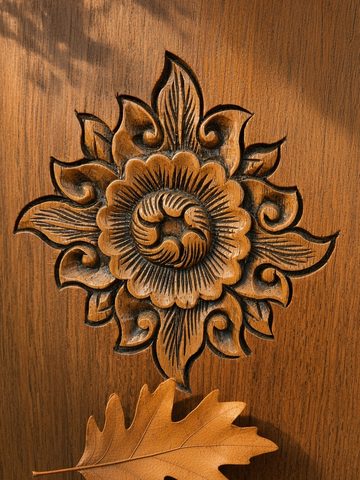A carved wooden flower on the dome's door, with an oak leaf resting below it.